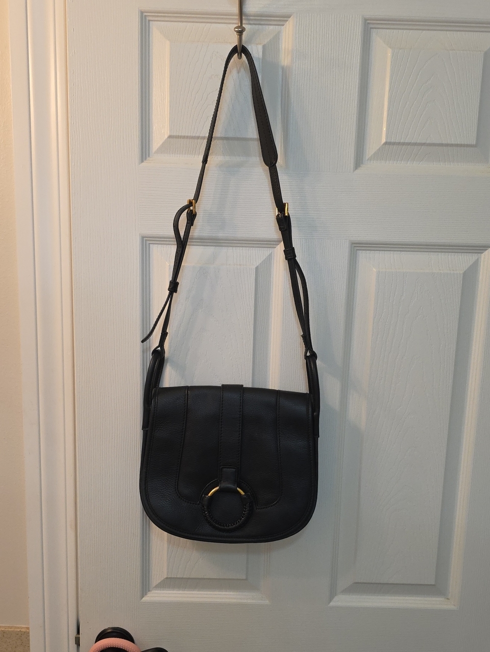 HOBO Black Leather Crossbody with Gold Ring Detail